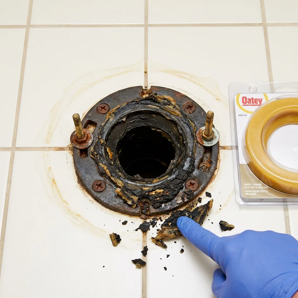 Failed wax ring showing water seepage at the base of a toilet in a Townsend, MA home