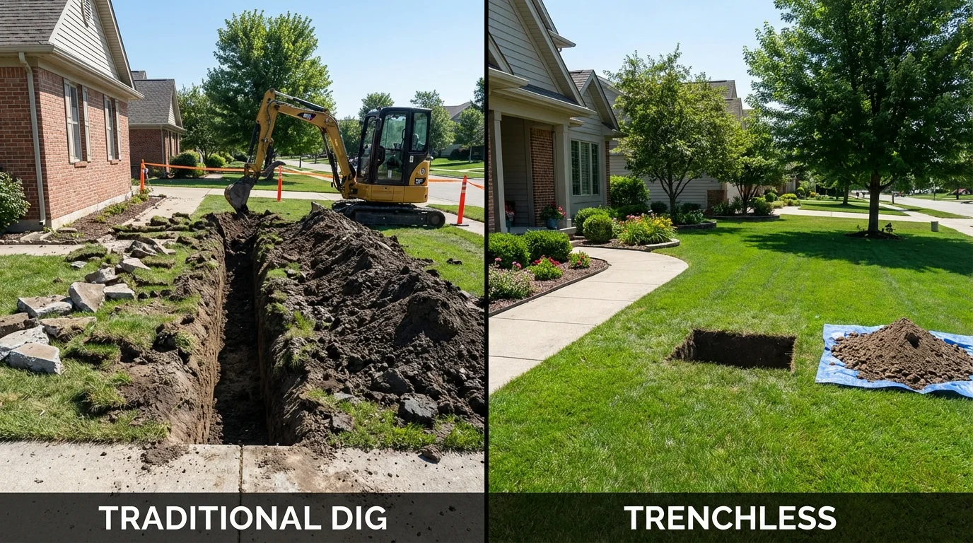 Trenchless sewer repair with minimal yard damage versus traditional excavation in Townsend, MA